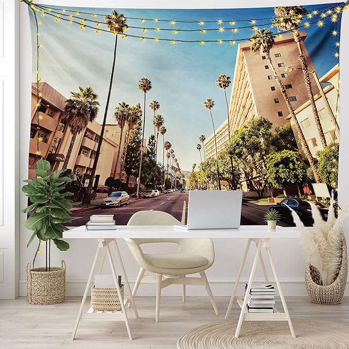 Ambesonne Urban Tapestry, Street in Beverly Hills CaliforniPalm Trees Houses Famous City Photo, Fabric Wall Hanging Decor for Bedroom Living Room Dorm, 30" X 45", Pale Blue Peach Green