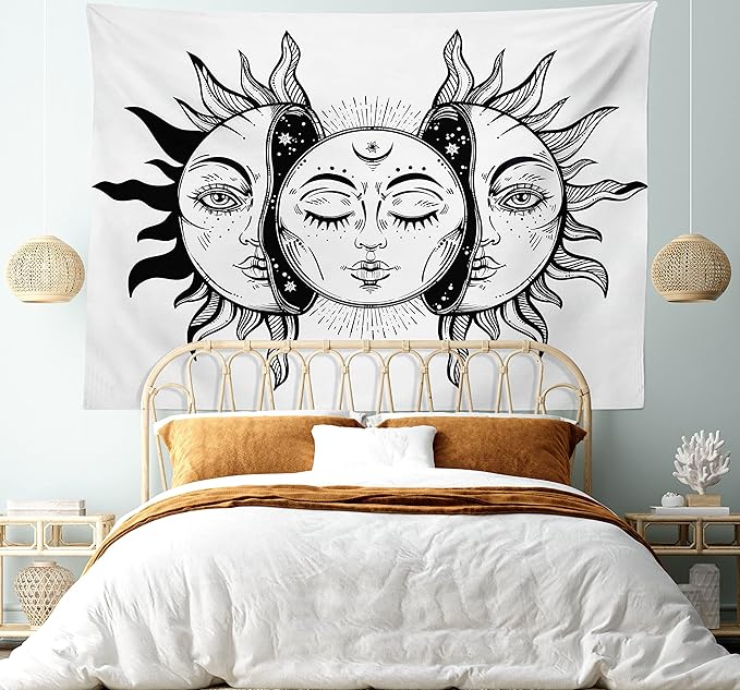 Ambesonne Moon Tapestry Queen Size, Monochrome Sun and Moon Pattern Oriental Image Culture Inspired Design Print, Wall Hanging Bedspread Bed Cover Wall Decor, 88" X 88", White Black