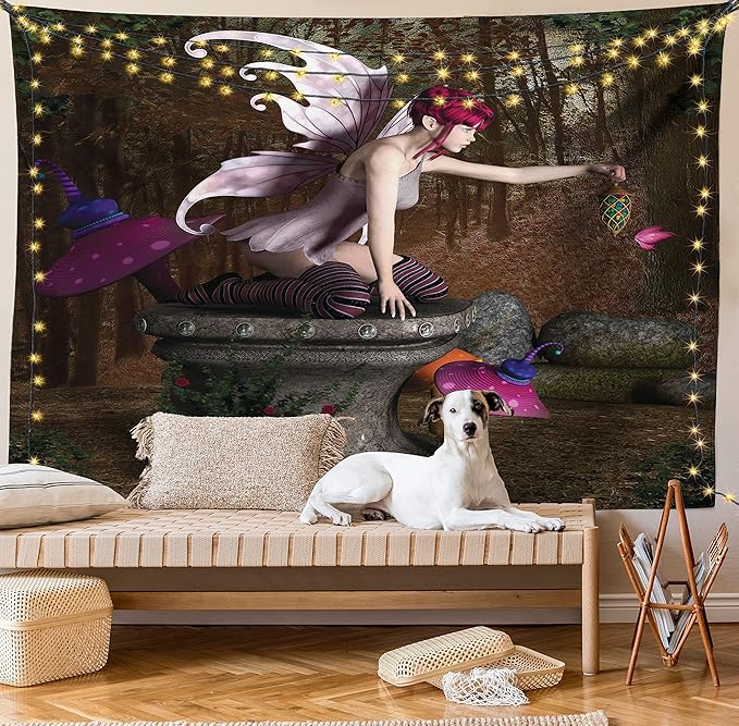 Ambesonne Tale Tapestry King Size, Dimensional Mythical Creature Design Artifact on Pedestal Forest Print, Wall Hanging Bedspread Bed Cover Wall Decor, 104" X 88", Red Purple Grey