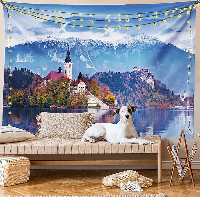 Ambesonne Landscape Tapestry King Size, Photo of Bled in Slovenia with Lake Snowy Mountains and a Castle Pastoral Scenery, Wall Hanging Bedspread Bed Cover Wall Decor, 104" X 88", Blue Lavender