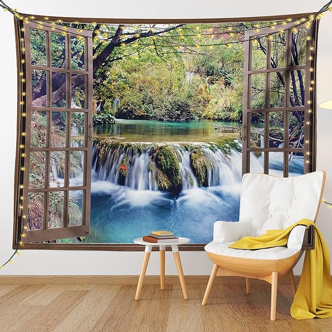 Ambesonne Waterfall Tapestry King Size, Wide Waterfall Deep down in the Forest Seen from a City Window Epic Surreal Print, Wall Hanging Bedspread Bed Cover Wall Decor, 104" X 88", Brown Black