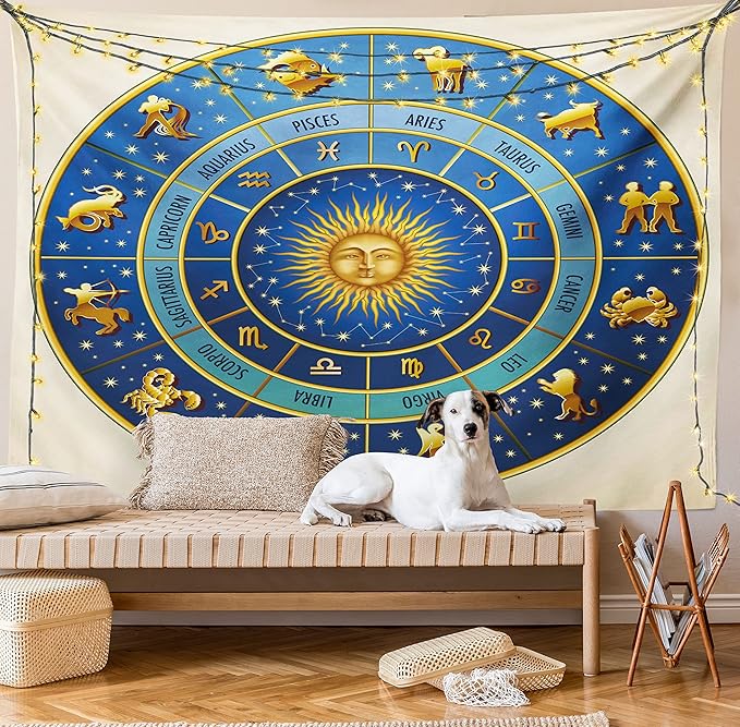 Ambesonne Astrology Tapestry, Wheel of Astrological Signs Names Dates Moon Sun in Middle, Fabric Wall Hanging Decor for Bedroom Living Room Dorm, 30" X 45", Blue Yellow and Cream