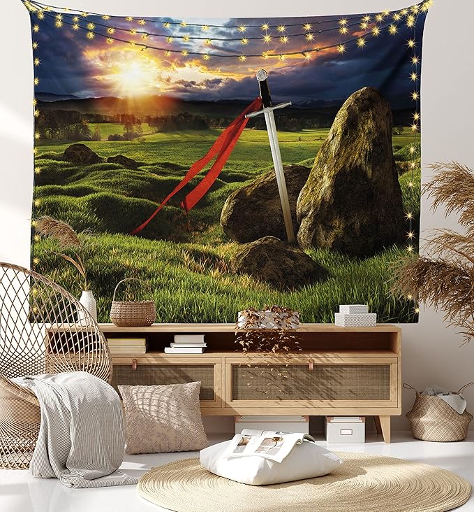 Ambesonne King Tapestry Twin Size, Arthur Camelot Myth in England Ireland Fields Invincible Myth Image, Wall Hanging Bedspread Bed Cover Wall Decor, 68" X 88", Green Blue Red