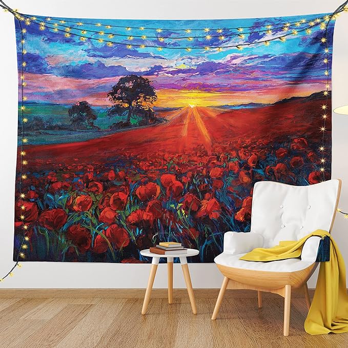 Ambesonne Country Tapestry, Clouds at Sunset Paint Scenery of Poppy Flower Garden on Valley with Horizon, Fabric Wall Hanging Decor for Bedroom Living Room Dorm, 30" X 45", Burgundy Deep Sky Blue
