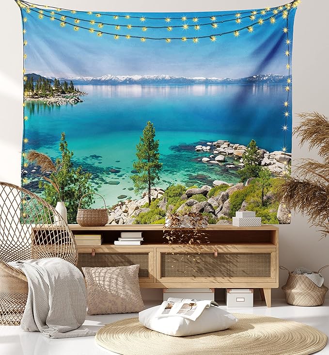 Ambesonne Blue Tapestry Queen Size, Tranquil View of Lake Tahoe Sierra Pines on Rocks with Turquoise Waters Shoreline, Wall Hanging Bedspread Bed Cover Wall Decor, 88" X 88", Blue Grey Green