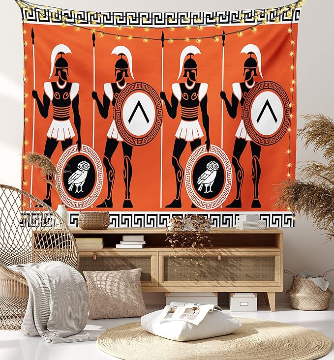 Ambesonne Retro Tapestry, Historical in Greece Theme Cultures, Wall Hanging for Bedroom Living Room Dorm Decor, 60" X 80", Orange Black White
