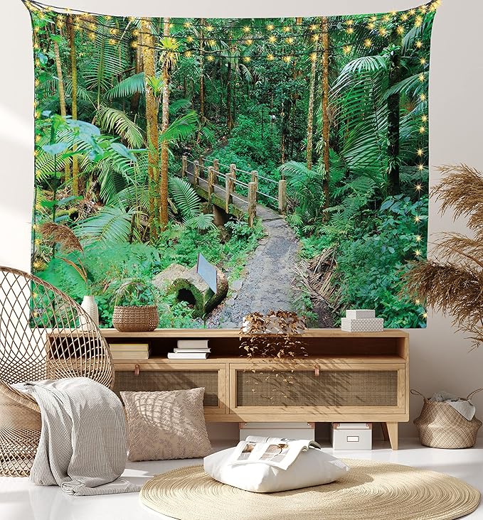 Ambesonne Puerto Rico Tapestry Twin Size, Tropical Rain Forest in San Juan Exotic Jungle Nature Photography, Wall Hanging Bedspread Bed Cover Wall Decor, 68" X 88", Green Pale Brown Ginger