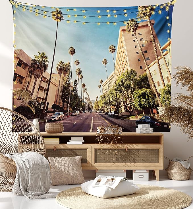 Ambesonne Urban Tapestry, Street in Beverly Hills CaliforniPalm Trees Houses Famous City Photo, Fabric Wall Hanging Decor for Bedroom Living Room Dorm, 23" X 28", Pale Blue Peach Green
