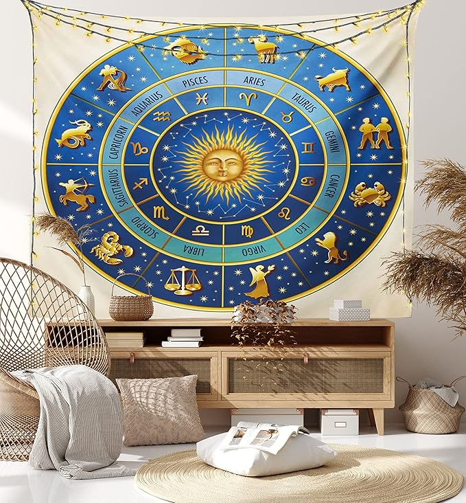 Ambesonne Astrology Tapestry Queen Size, Wheel of Astrological Signs Names Dates Moon Sun in Middle, Wall Hanging Bedspread Bed Cover Wall Decor, Queen Size, Blue Yellow and Cream