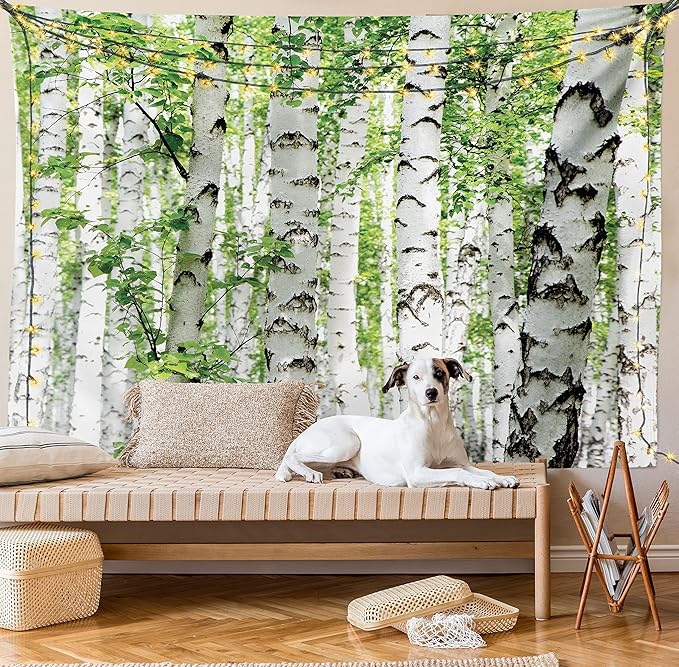 Ambesonne Woodland Tapestry Queen Size, Birch Trees in The Forest Summertime Wildlife Nature Outdoors Themed Picture, Wall Hanging Bedspread Bed Cover Wall Decor, Queen Size, White Green
