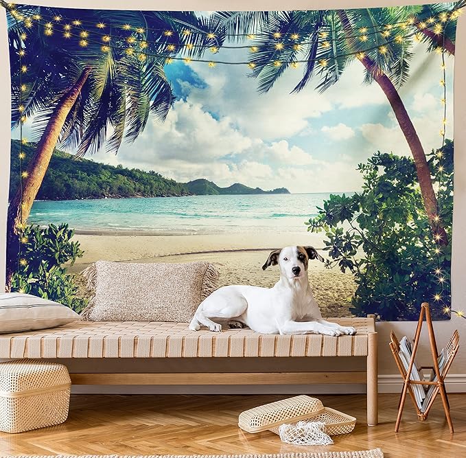 Ambesonne Palm Tree Tapestry, Summer Beach Vintage Style Tropical Sunset Picture Print, Fabric Wall Hanging Decor for Bedroom Living Room Dorm, 30" X 45", Dark Green Sand Brown