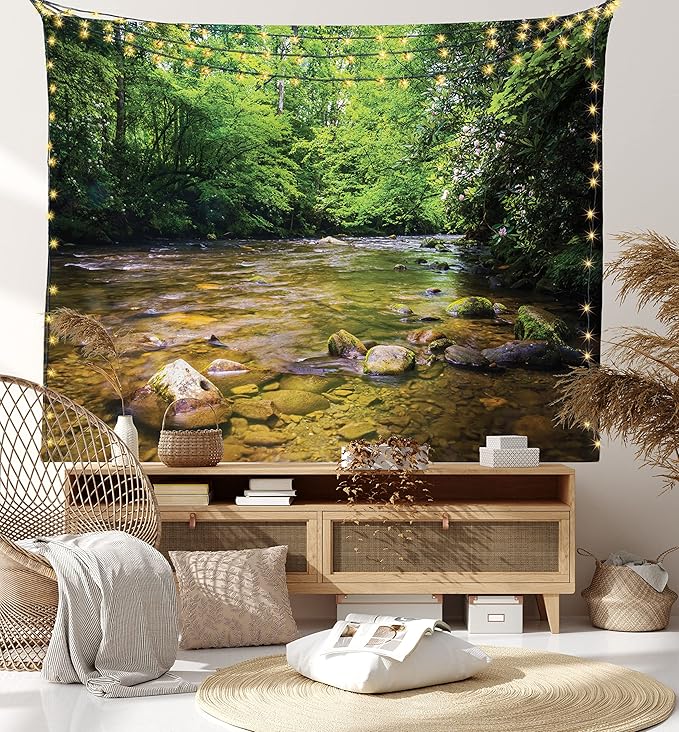 Ambesonne Appalachian Tapestry King Size, Oconaluftee River at Smoky Mountains National Park, Wall Hanging Bedspread Bed Cover Wall Decor, King Size, Lime Green Charcoal Grey
