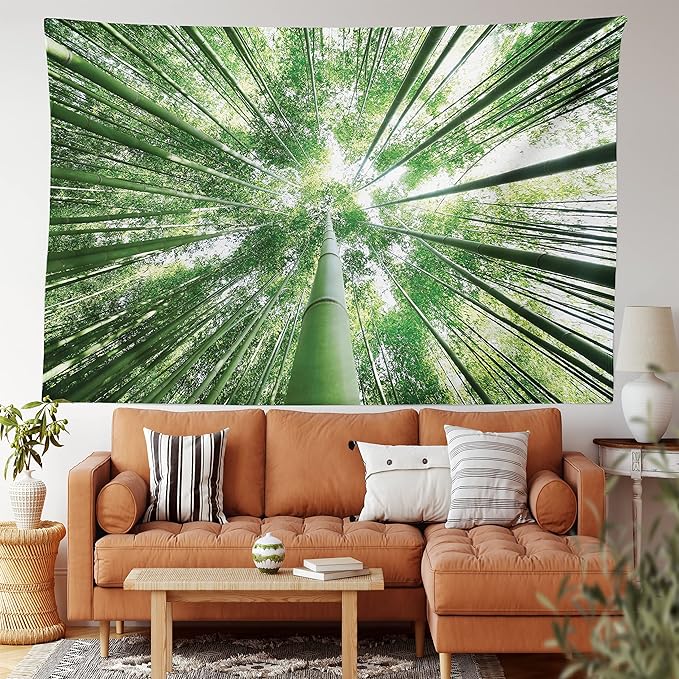 Ambesonne Forest Tapestry King Size, Tropical Rain Forest Tall Trees in Exotic Style Nature Theme Image Sky from Woodland, Wall Hanging Bedspread Bed Cover Wall Decor, 30" X 45", Green