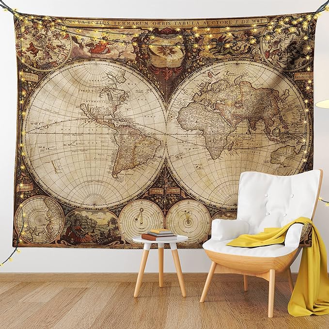 Ambesonne World Map Tapestry, Old World Map Drawn in 1720s Nostalgic Style Art Historical Atlas Vintage Design, Wall Hanging for Bedroom Living Room Dorm Decor, 40" X 60", Multicolor
