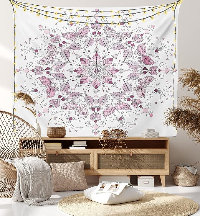 Ambesonne Mandala Tapestry Twin Size, Lacy Inspired Pastel Floral Motif with Butterfly and Lotus Branches Design, Wall Hanging Bedspread Bed Cover Wall Decor, 68" X 88", White Pale Pink