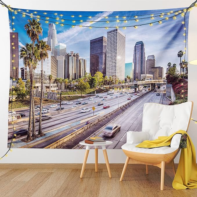Ambesonne Travel Tapestry, Downtown Cityscape of Los Angeles California USA Avenue Buildings Palms Print, Fabric Wall Hanging Decor for Bedroom Living Room Dorm, 23" X 28", Blue Grey Green