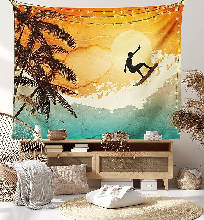 Ambesonne Grunge Tapestry Queen Size, Illustration of Tropical Island Surfer on Sea Waves and Palms at Sunset, Wall Hanging Bedspread Bed Cover Wall Decor, 88" X 88", Orange Turquoise Black