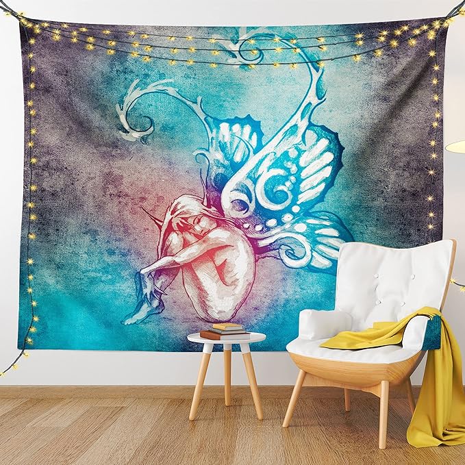 Ambesonne Butterfly Tapestry King Size, with Butterfly Wings Renewal Female Rebirth Psyche Lightness of Being, Wall Hanging Bedspread Bed Cover Wall Decor, 104" X 88", Blue Purple