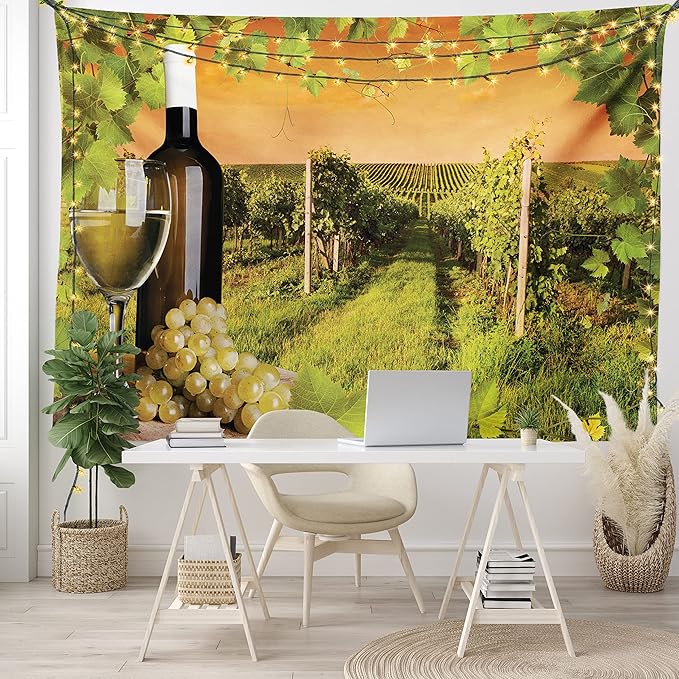 Ambesonne Winery Tapestry, Bottle and Glass of Wine and Vineyards of Sunset Countryside Romantic Evening View, Fabric Wall Hanging Decor for Bedroom Living Room Dorm, 23" X 28", Orange Green