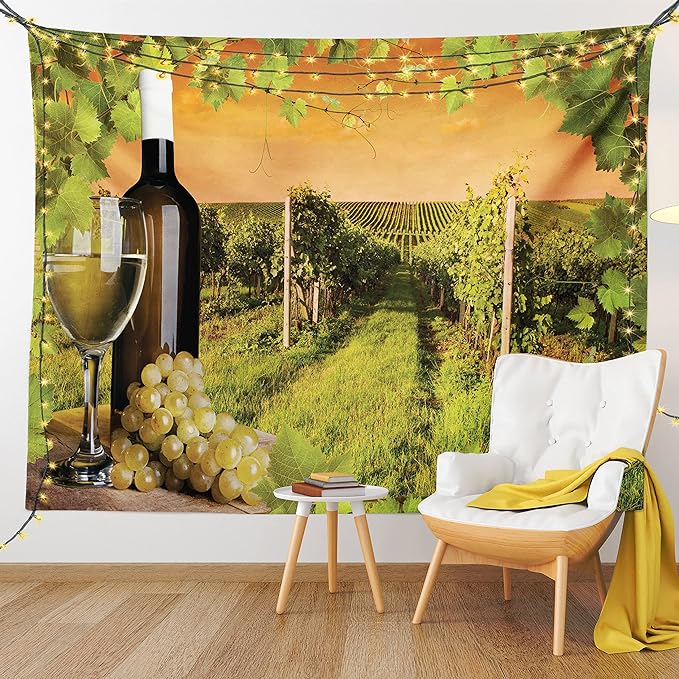 Ambesonne Winery Tapestry Twin Size, Bottle and Glass of Wine and Vineyards of Sunset Countryside Romantic Evening View, Wall Hanging Bedspread Bed Cover Wall Decor, 68" X 88", Orange Green
