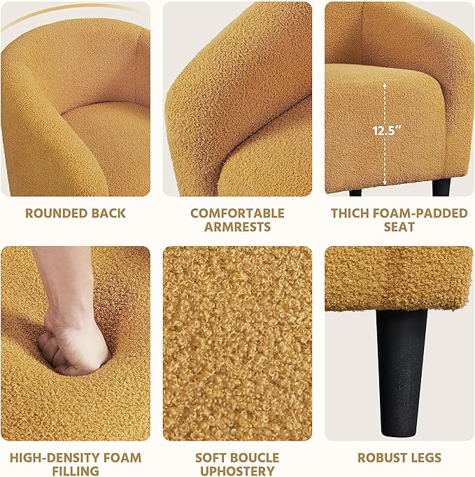 Yaheetech Accent Chairs for Living Room, Furry Barrel Chairs Set of 2, Sherpa Chairs with Soft Padded Armrest, Club Chairs for Bedroom Waiting Room Office, Mustard Yellow