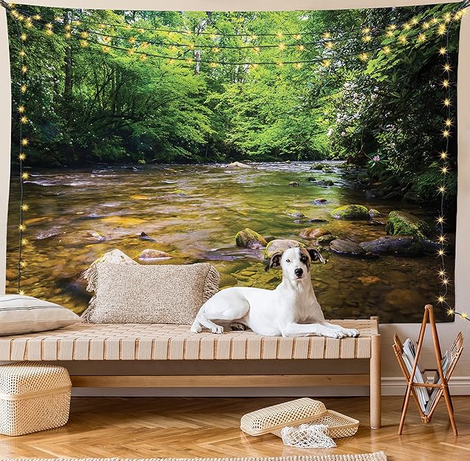 Ambesonne Appalachian Tapestry, Oconaluftee River at Smoky Mountains National Park, Wall Hanging for Bedroom Living Room Dorm Decor, 60" X 80", Lime Green Charcoal Grey