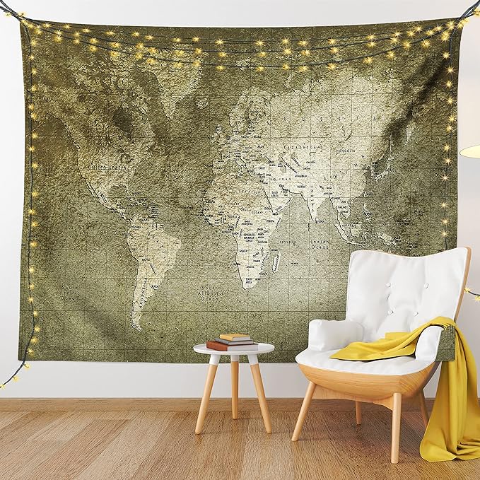 Ambesonne Antique Tapestry King Size, Old World Map Texture Nostalgic Plan Atlas Trace of Life, Wall Hanging Bedspread Bed Cover Wall Decor, 104" X 88", Khaki Beige