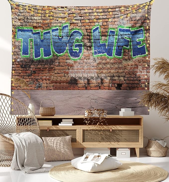 Ambesonne Thug Life Tapestry, Graffiti Style Words on a Brick Wall Street Urban Art Hip Hop Rap Culture Theme, Fabric Wall Hanging Decor for Bedroom Living Room Dorm, 23" X 28", Brown Blue