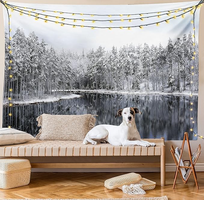 Ambesonne Woodland Tapestry King Size, Lake Surrounded by Snow Covered Trees on a Cold Winter Day in Finland Reflections, Wall Hanging Bedspread Bed Cover Wall Decor, 104" X 88", White Brown
