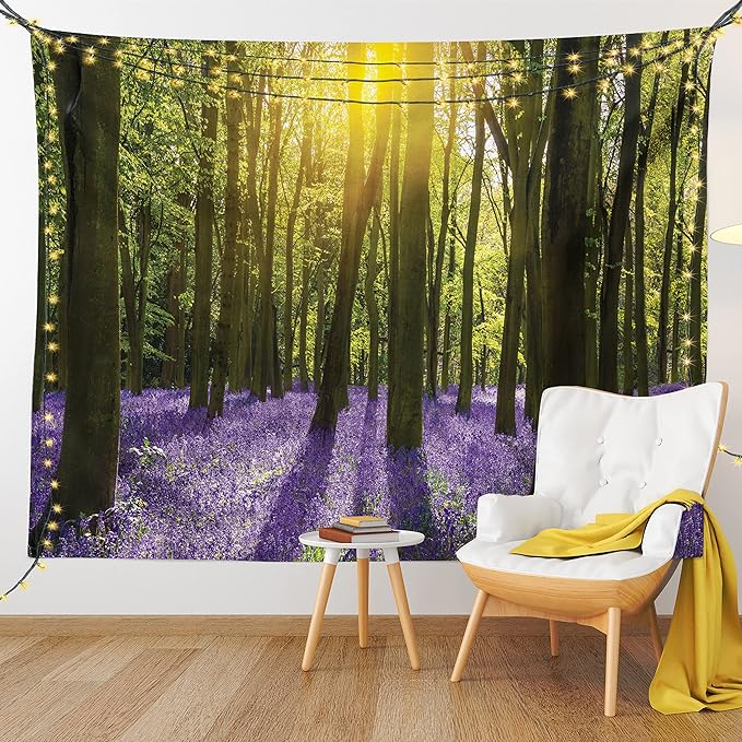 Ambesonne Woodland Tapestry King Size, Sunbeams in the Forest of Bluebells Blooms Deep in Woodland Oxfordshire, Wall Hanging Bedspread Bed Cover Wall Decor, 104" X 88", Violet Green Yellow