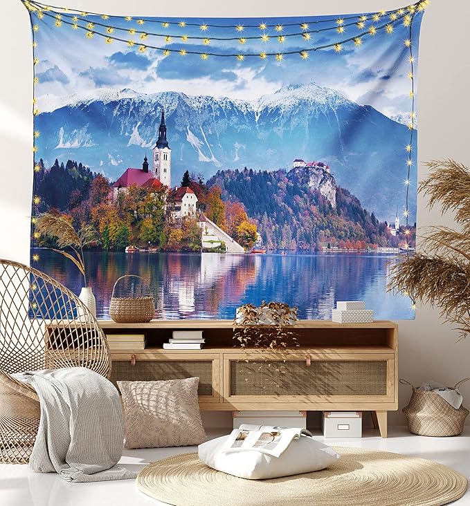 Ambesonne Landscape Tapestry Twin Size, Photo of Bled in Slovenia with Lake Snowy Mountains and a Castle Pastoral Scenery, Wall Hanging Bedspread Bed Cover Wall Decor, 68" X 88", Blue Lavender