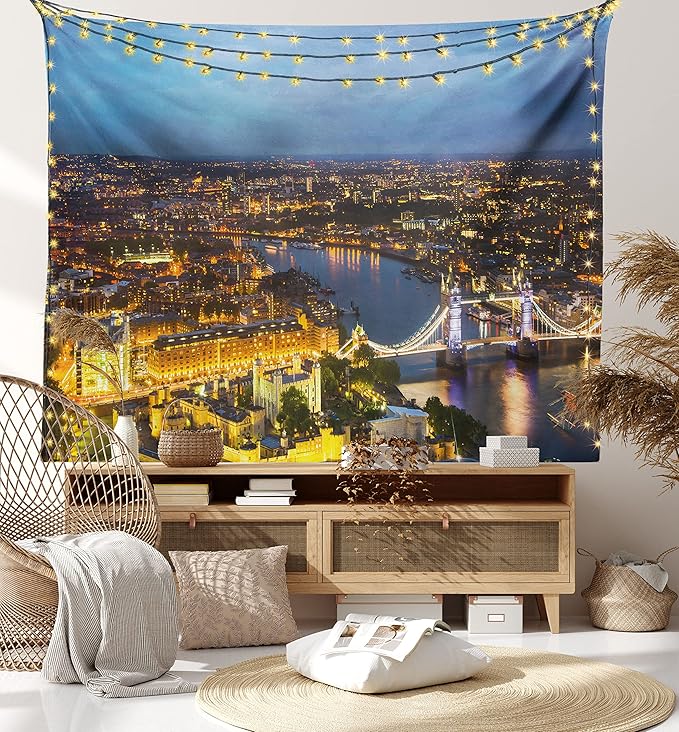 Ambesonne Modern Tapestry, Sunset at London England Cityscape Night Time and Tower Bridge Landmark Urban, Fabric Wall Hanging Decor for Bedroom Living Room Dorm, 30" X 45", Yellow Bluegrey