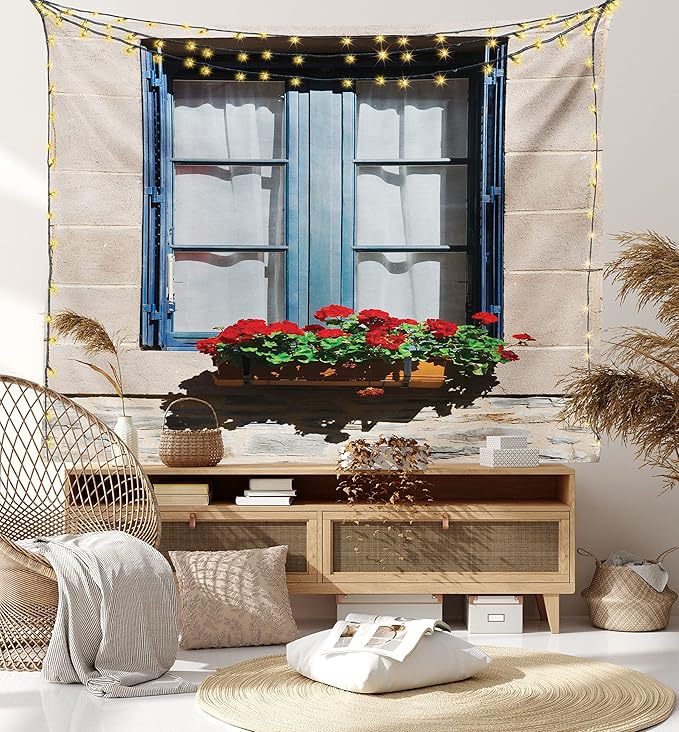 Ambesonne Country Tapestry Twin Size, Mediterranean Style Window Open Shutters Image French Urban Life Theme Print, Wall Hanging Bedspread Bed Cover Wall Decor, Twin Size, Blue Grey