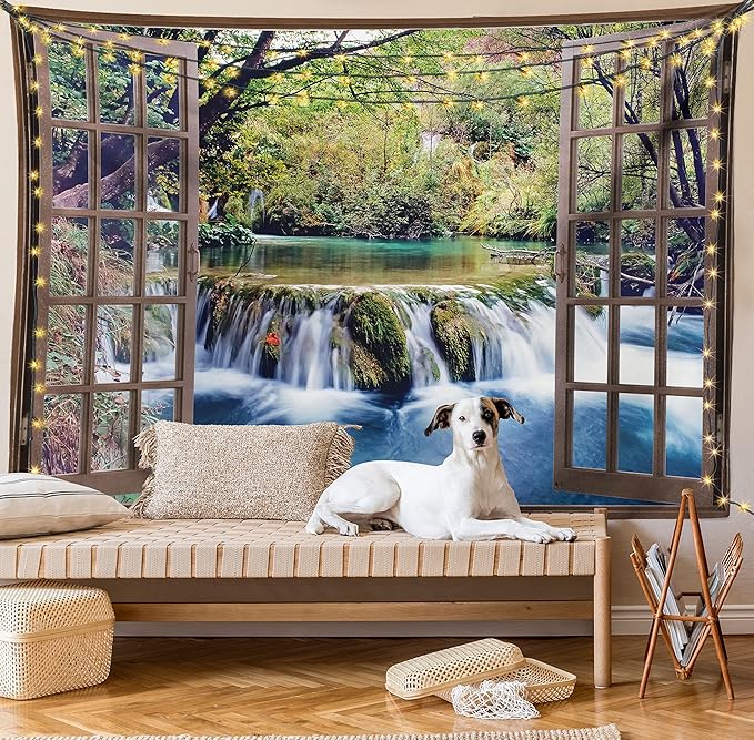 Ambesonne Waterfall Tapestry King Size, Wide Waterfall Deep down in the Forest Seen from a City Window Epic Surreal Print, Wall Hanging Bedspread Bed Cover Wall Decor, 104" X 88", Brown Black