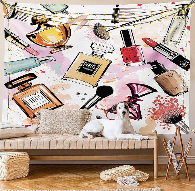 Ambesonne Fashion Tapestry, Cosmetic and Makeup Theme Pattern Perfume Lipstick Nail Polish Brush Modern, Wide Wall Hanging for Bedroom Living Room Dorm, 80" X 60", Coral White