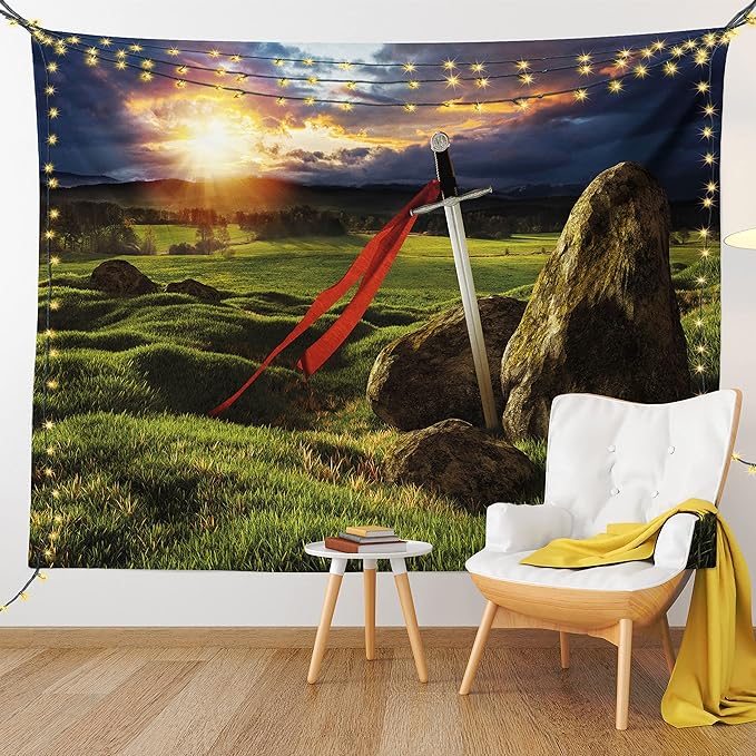 Ambesonne King Tapestry Twin Size, Arthur Camelot Myth in England Ireland Fields Invincible Myth Image, Wall Hanging Bedspread Bed Cover Wall Decor, 68" X 88", Green Blue Red