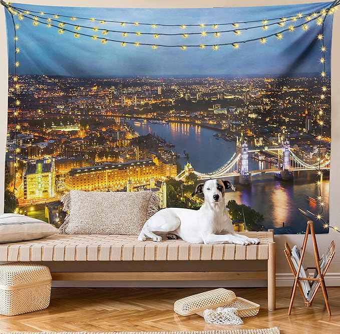 Ambesonne Modern Tapestry, Sunset at London England Cityscape Night Time and Tower Bridge Landmark Urban, Fabric Wall Hanging Decor for Bedroom Living Room Dorm, 30" X 45", Yellow Bluegrey