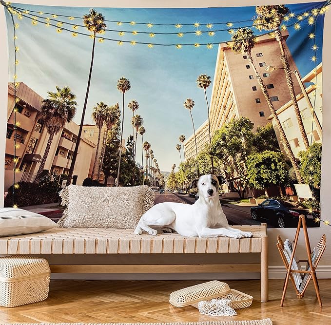 Ambesonne Urban Tapestry, Street in Beverly Hills CaliforniPalm Trees Houses Famous City Photo, Fabric Wall Hanging Decor for Bedroom Living Room Dorm, 23" X 28", Pale Blue Peach Green