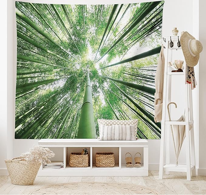 Ambesonne Forest Tapestry King Size, Tropical Rain Forest Tall Trees in Exotic Style Nature Theme Image Sky from Woodland, Wall Hanging Bedspread Bed Cover Wall Decor, 30" X 45", Green