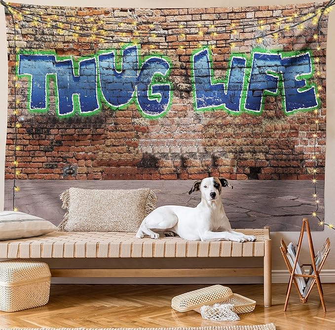 Ambesonne Thug Life Tapestry, Graffiti Style Words on a Brick Wall Street Urban Art Hip Hop Rap Culture Theme, Fabric Wall Hanging Decor for Bedroom Living Room Dorm, 45" X 30", Brown Blue