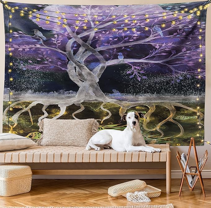 Ambesonne Tree of Life Tapestry Queen Size, Psychedelic Mysterious Nature at Night Birds and Fishes Home Art, Wall Hanging Bedspread Bed Cover Wall Decor, 88" X 88", Purple Black