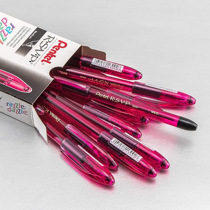 Pentel RSVP Razzle-Dazzle Ballpoint Pen, (1.0mm) Medium Line, Pink Barrel, Black Ink, Box of 12 (BK91RDP-A)
