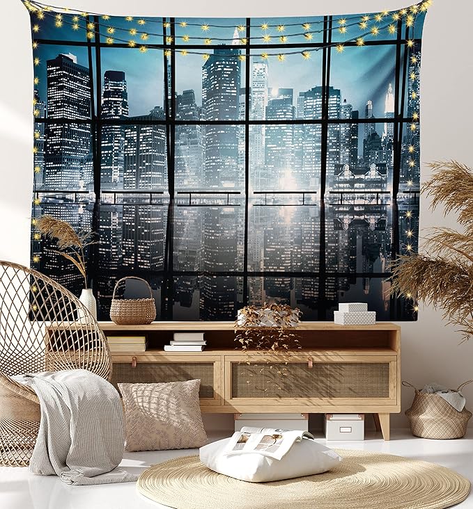 Ambesonne Modern Tapestry King Size, Modern New York City Scenery at Night with Skyscrapers Buildings Print, Wall Hanging Bedspread Bed Cover Wall Decor, 104" X 88", Black Blue