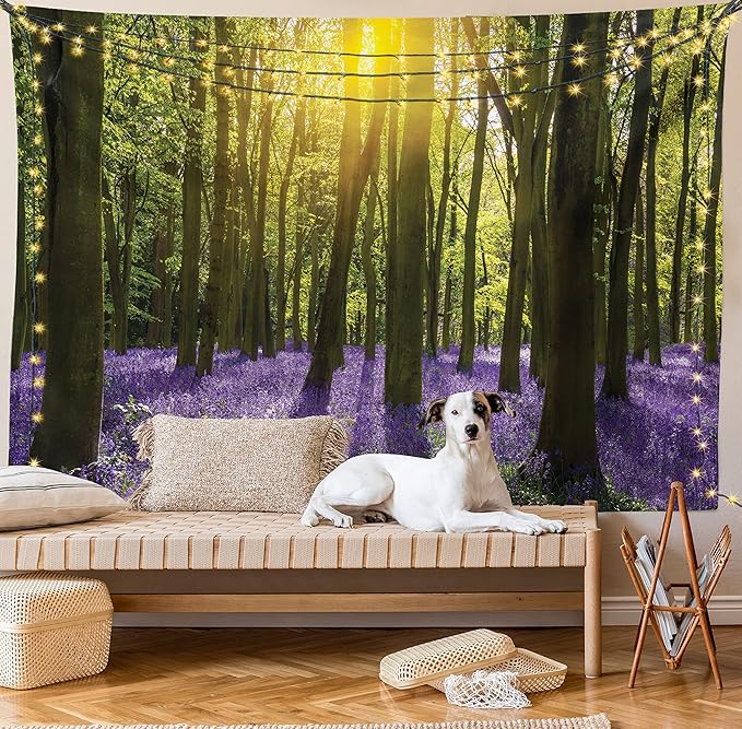 Ambesonne Woodland Tapestry, Sunbeams in the Forest of Bluebells Blooms Deep in Woodland Oxfordshire, Fabric Wall Hanging Decor for Bedroom Living Room Dorm, 30" X 45", Violet Green Yellow
