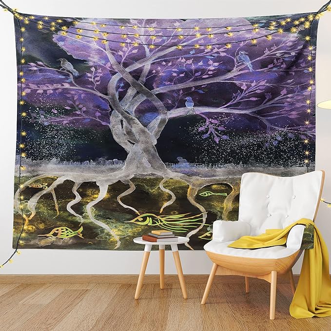 Ambesonne Tree of Life Tapestry Queen Size, Psychedelic Mysterious Nature at Night Birds and Fishes Home Art, Wall Hanging Bedspread Bed Cover Wall Decor, 88" X 88", Purple Black
