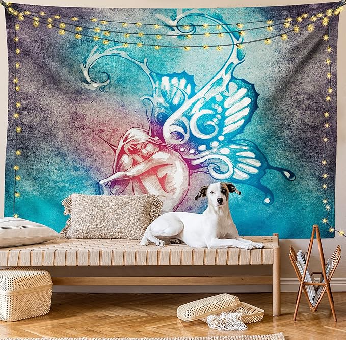 Ambesonne Butterfly Tapestry King Size, with Butterfly Wings Renewal Female Rebirth Psyche Lightness of Being, Wall Hanging Bedspread Bed Cover Wall Decor, 104" X 88", Blue Purple
